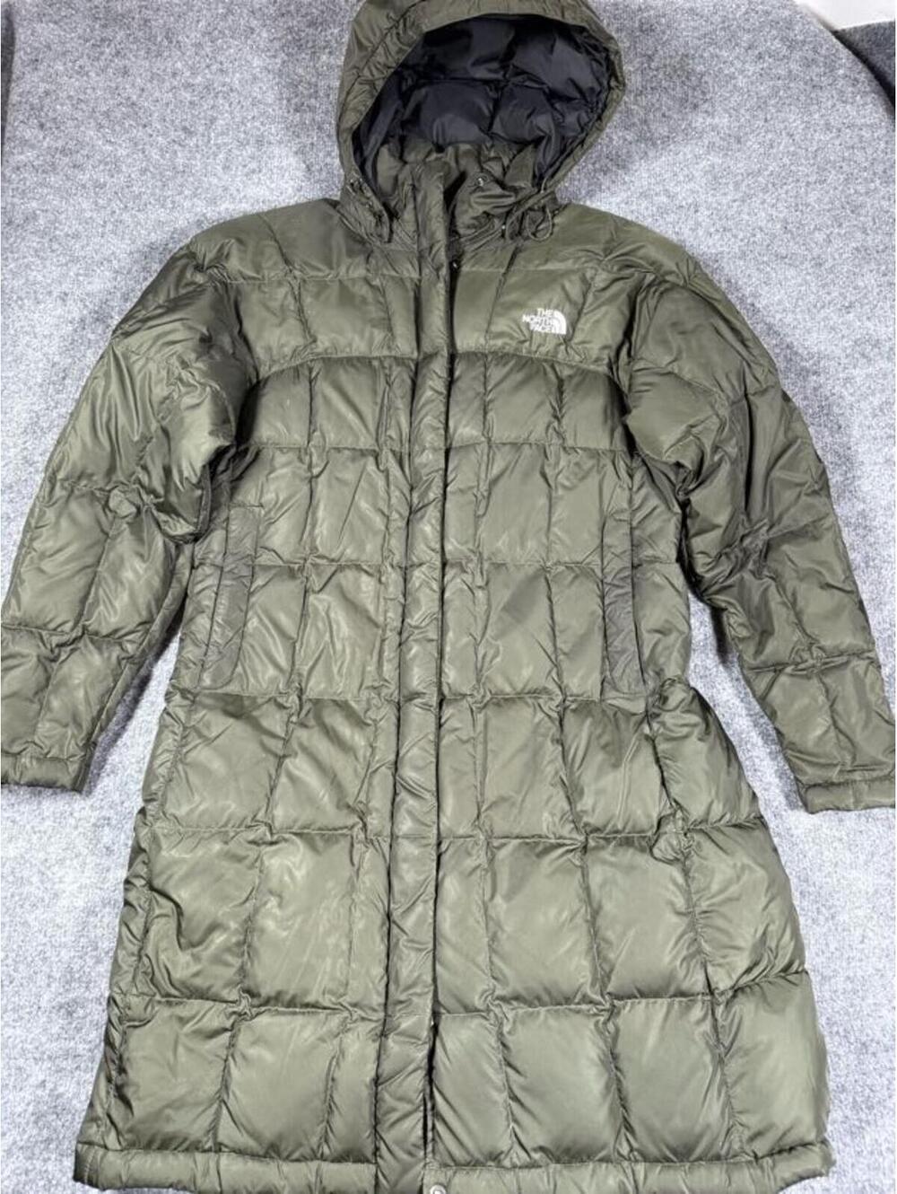 Women's North Face Long Olive Green Puffer Coat with Hood Med